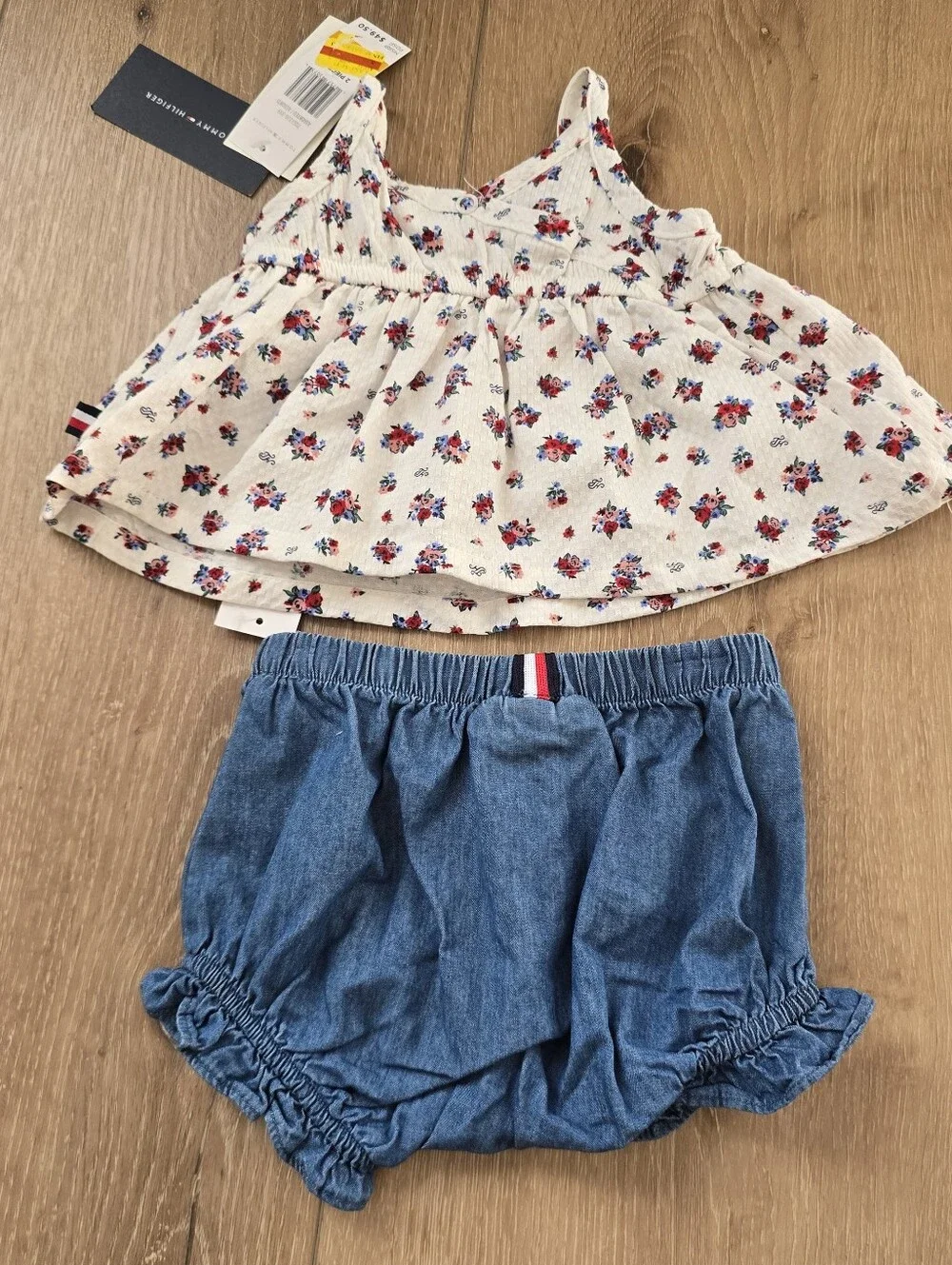 Tommy Hilfiger Baby Girl 2 Piece Floral Dress and Ruffle Jean Bloomers Set 0 3M